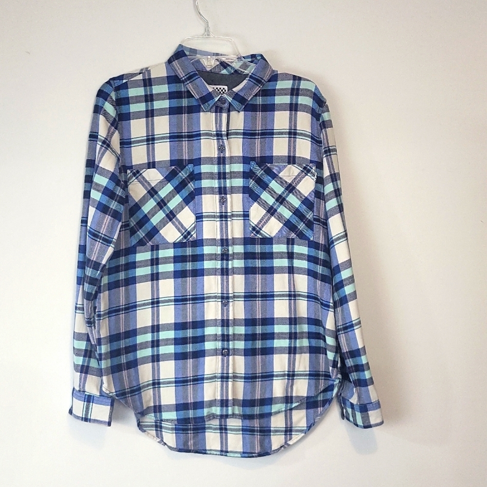 VANS Blue Cream Plaid Flannel Hi-Low Hem Button Down Shirt